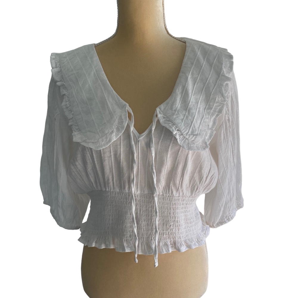 VANILLA STAR Junior’s Bright White Puff Sleeve
Portrait Collar Cropped Top  XL